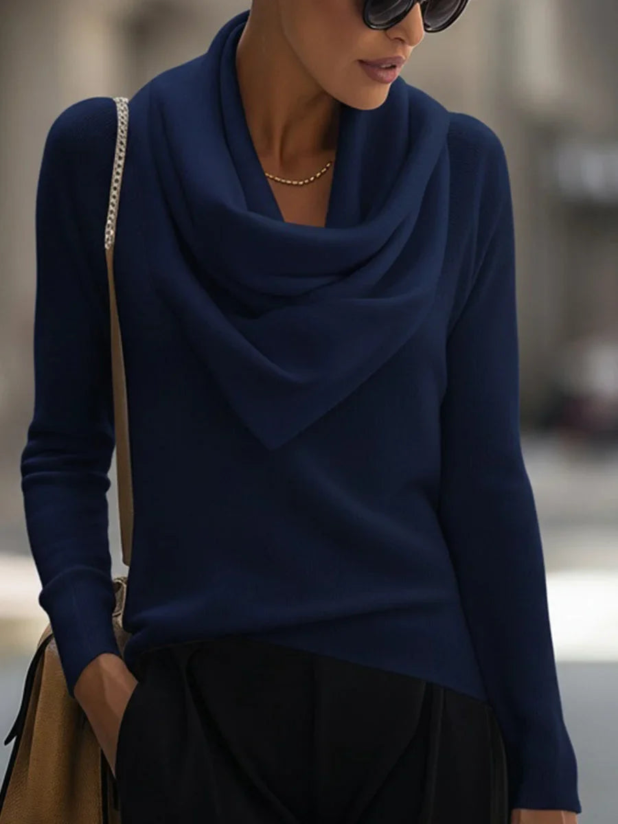 Women's knit top with draped cowl neck and long-sleeve design