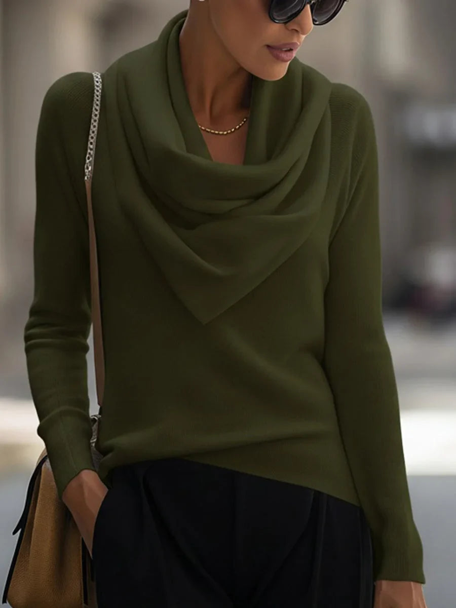 Women's knit top with draped cowl neck and long-sleeve design
