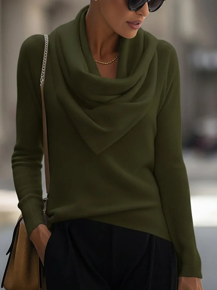 Women's knit top with draped cowl neck and long-sleeve design