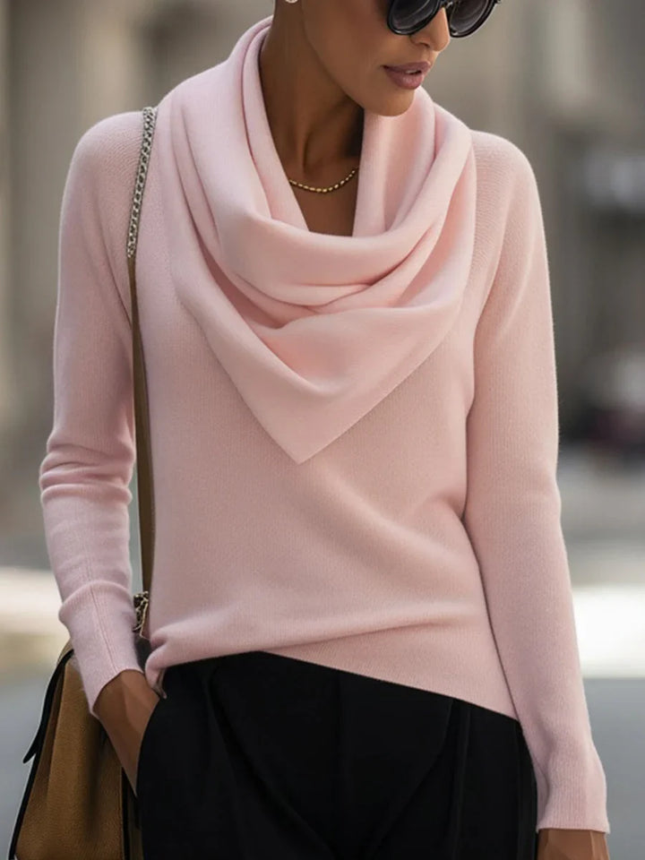 Women's knit top with draped cowl neck and long-sleeve design