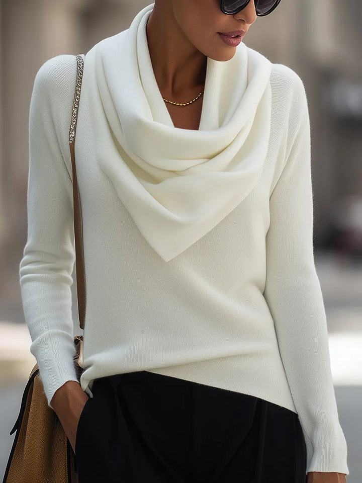 Women's knit top with draped cowl neck and long-sleeve design
