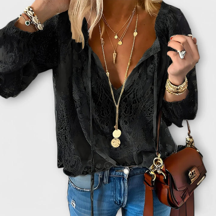Women's lace long-sleeve blouse with V-neck tie-front and elasticated cuffs