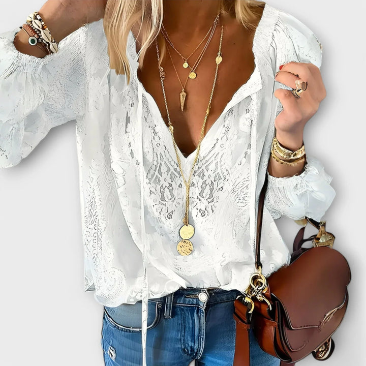 Women's lace long-sleeve blouse with V-neck tie-front and elasticated cuffs