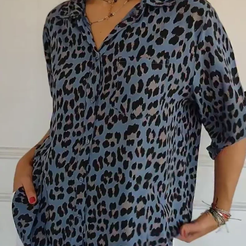 Women's leopard-print button-front blouse with rolled 3/4 sleeves and V-neck
