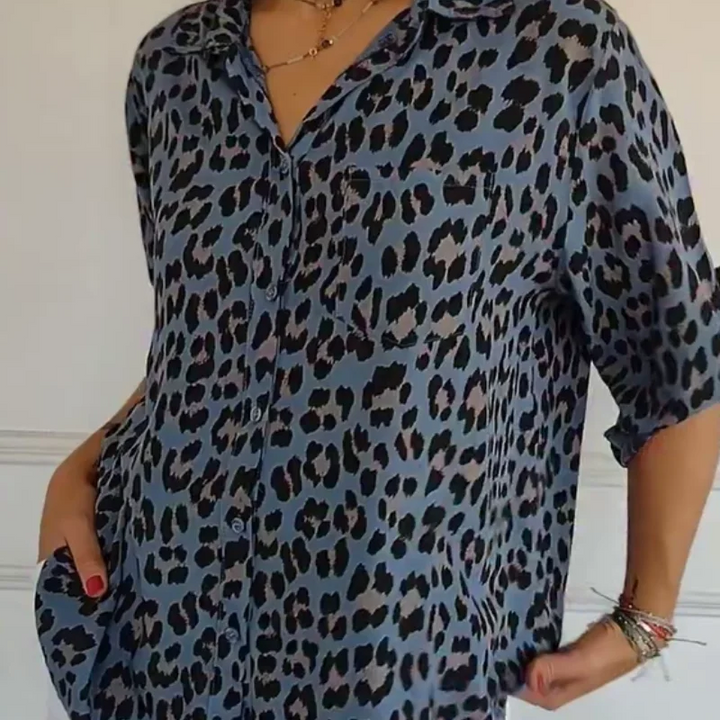 Women's leopard-print button-front blouse with rolled 3/4 sleeves and V-neck