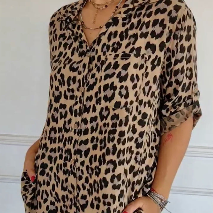 Women's leopard-print button-front blouse with rolled 3/4 sleeves and V-neck