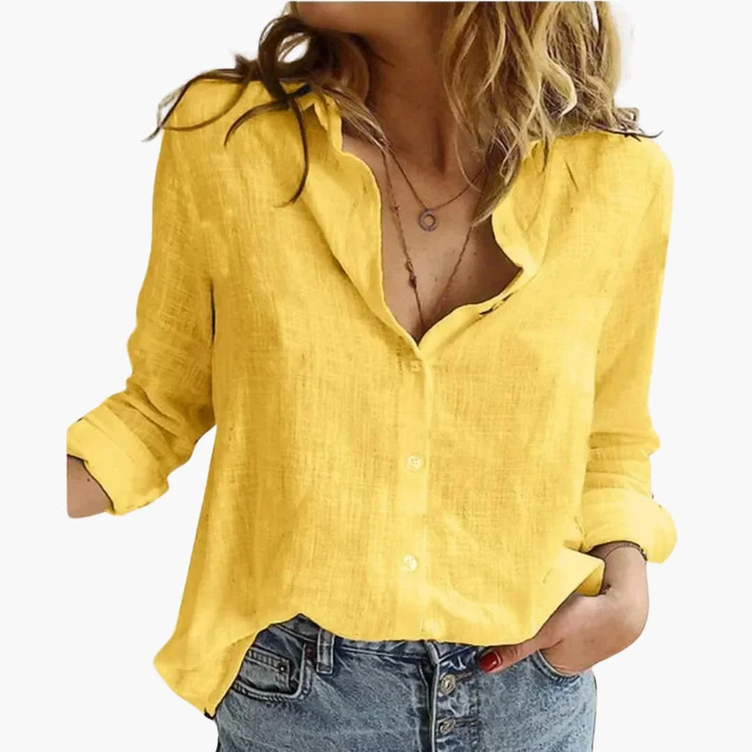 Women's linen long sleeve button-front shirt with collared V-neck