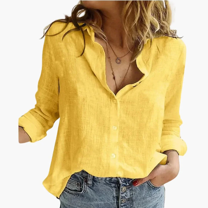 Women's linen long sleeve button-front shirt with collared V-neck