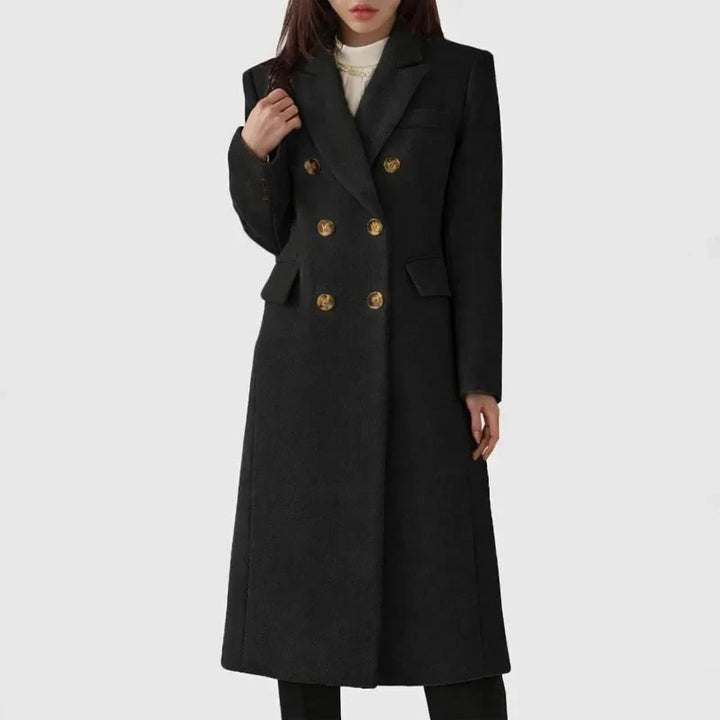 Women's long double-breasted wool blend coat with notched lapel