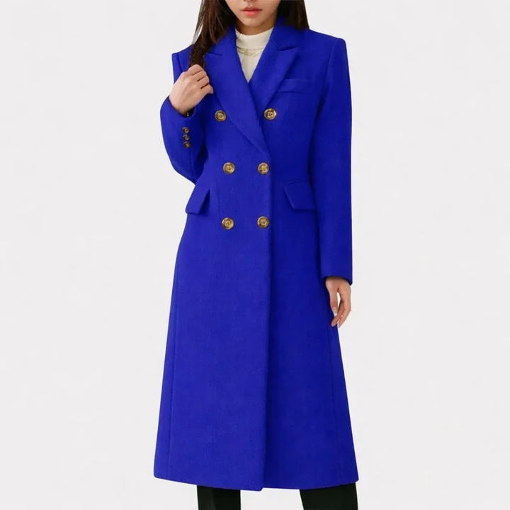 Women's long double-breasted wool blend coat with notched lapel