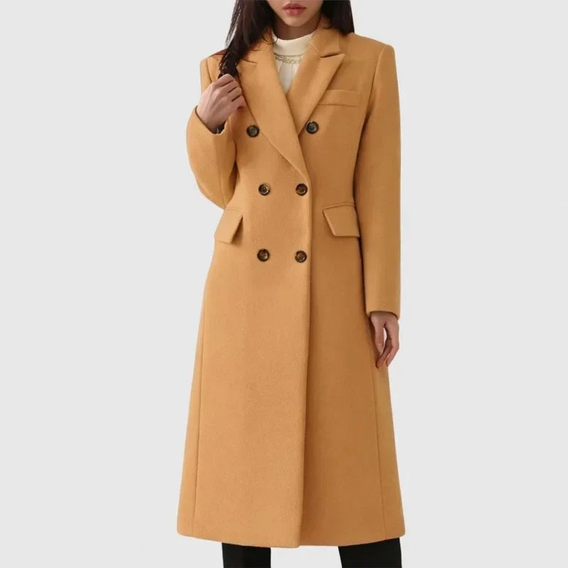 Women's long double-breasted wool blend coat with notched lapel