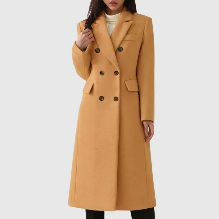 Women's long double-breasted wool blend coat with notched lapel