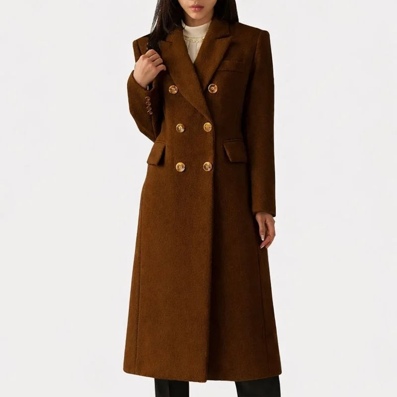 Women's long double-breasted wool blend coat with notched lapel