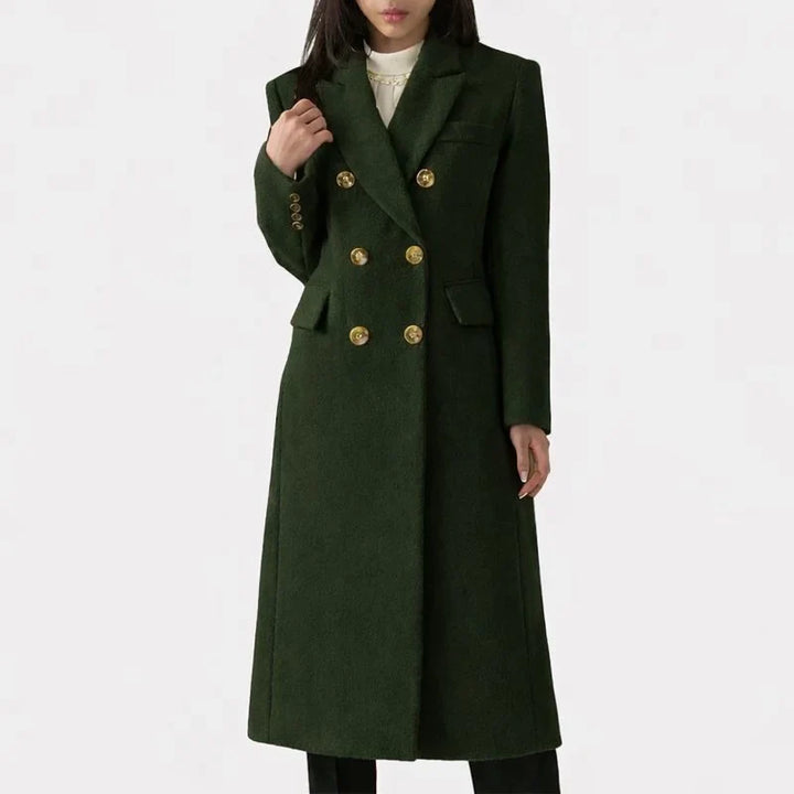 Women's long double-breasted wool blend coat with notched lapel
