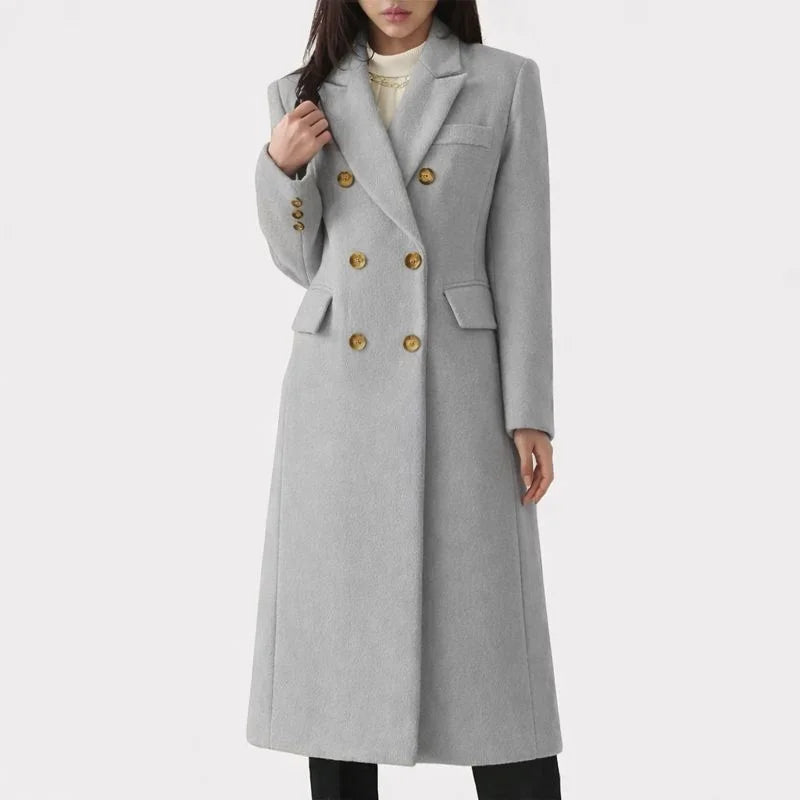 Women's long double-breasted wool blend coat with notched lapel
