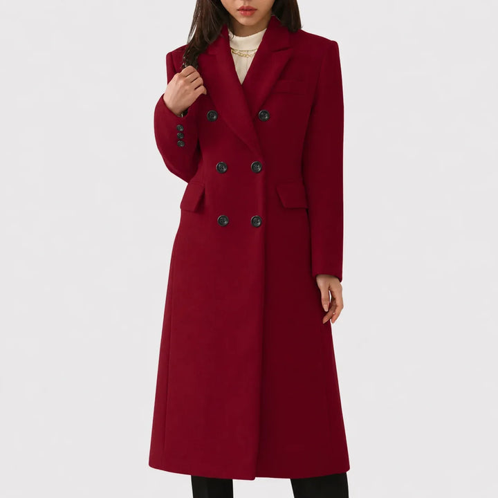 Women's long double-breasted wool blend coat with notched lapel