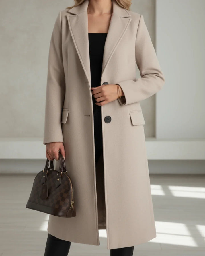 Women's long tailored wool coat with notched lapel and single-breasted front