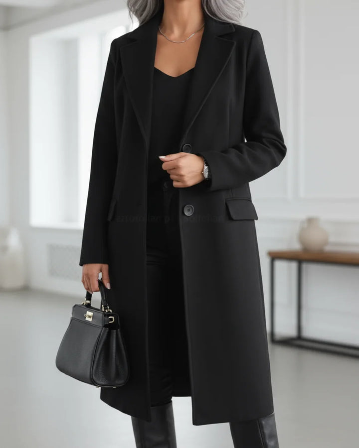 Women's long tailored wool coat with notched lapel and single-breasted front