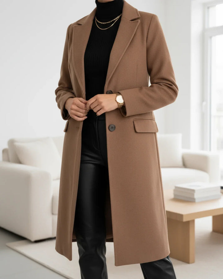 Women's long tailored wool coat with notched lapel and single-breasted front