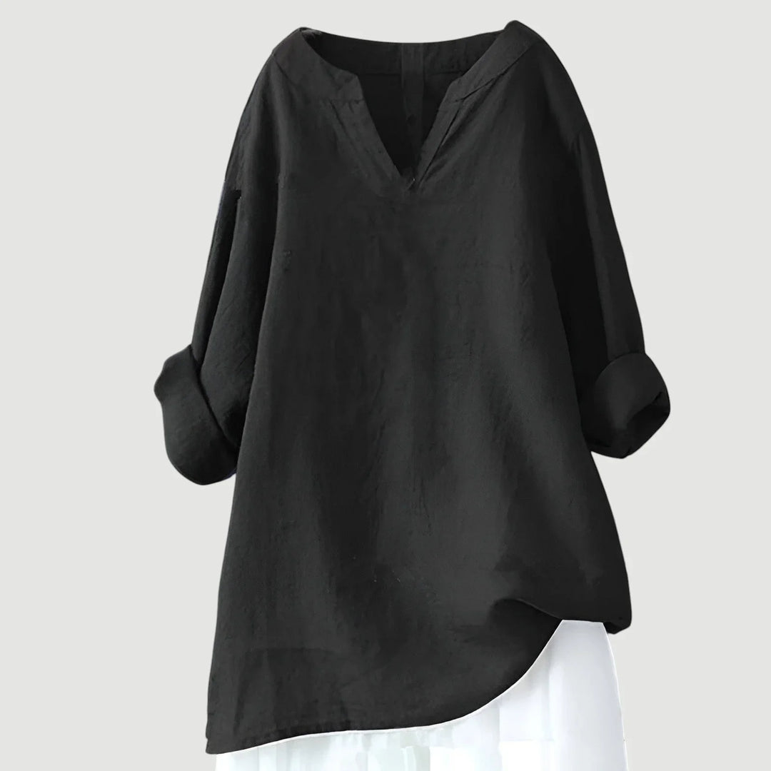 Women's loose-fit linen long-sleeve blouse with V-neck and rolled sleeves