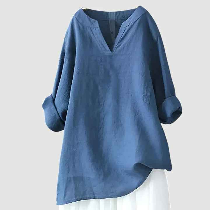 Women's loose-fit linen long-sleeve blouse with V-neck and rolled sleeves