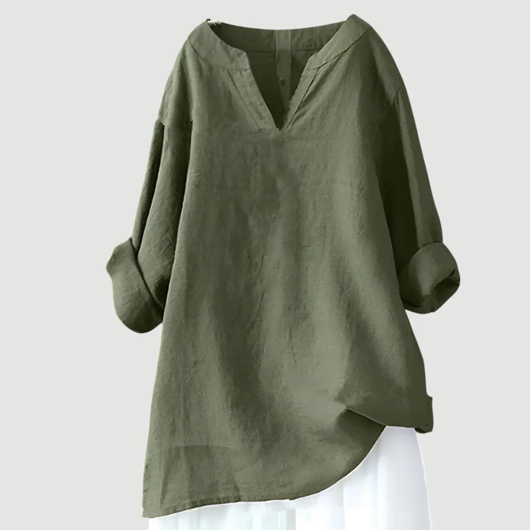 Women's loose-fit linen long-sleeve blouse with V-neck and rolled sleeves