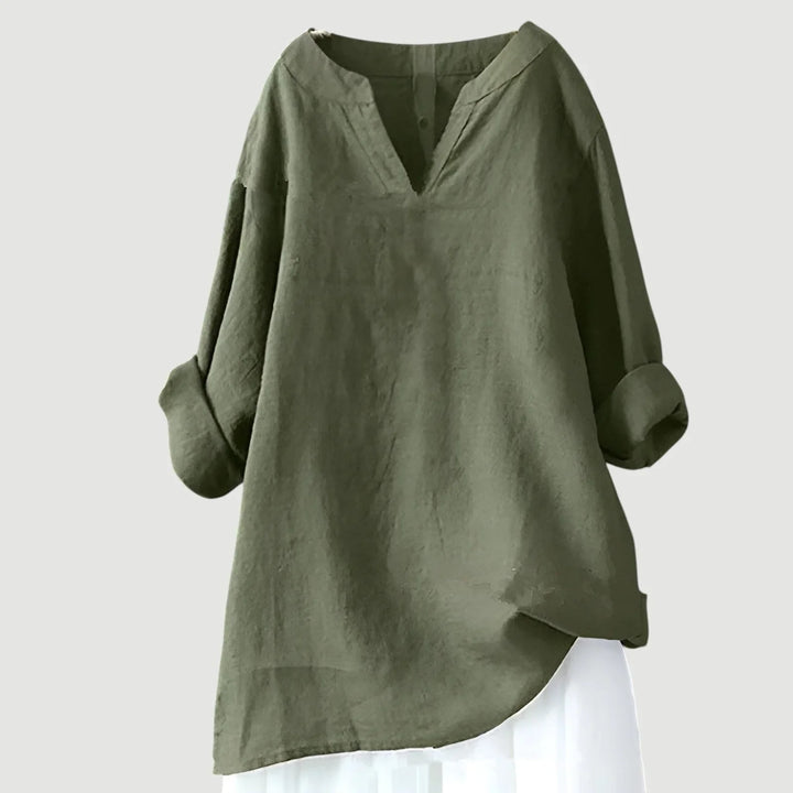 Women's loose-fit linen long-sleeve blouse with V-neck and rolled sleeves