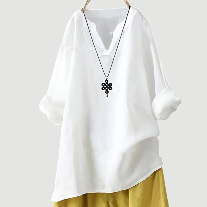 Women's loose-fit linen long-sleeve blouse with V-neck and rolled sleeves