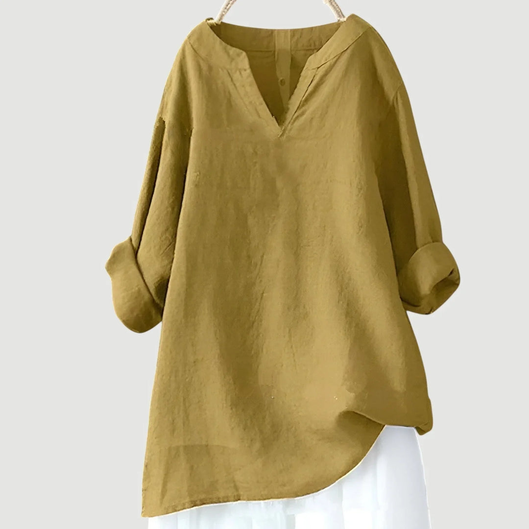 Women's loose-fit linen long-sleeve blouse with V-neck and rolled sleeves