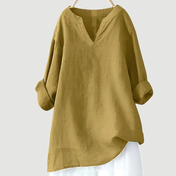 Women's loose-fit linen long-sleeve blouse with V-neck and rolled sleeves