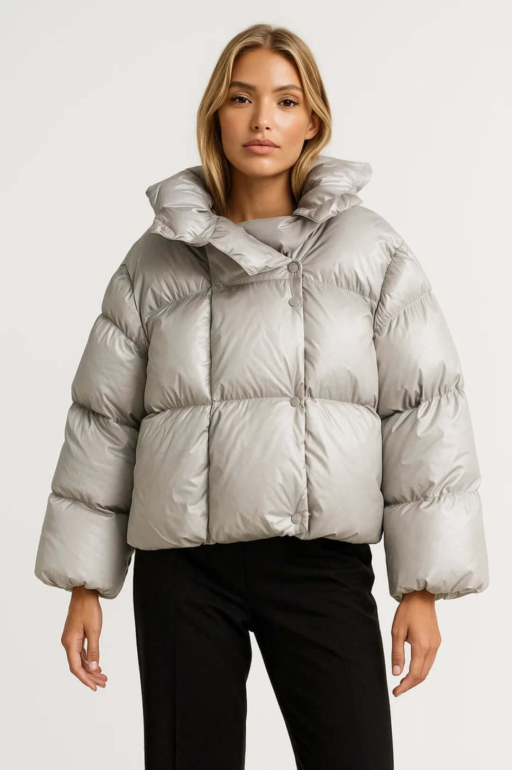 Kacob | Women's Oversized Collar Puffer Jacket – Press-Stud Boxy Quilted Puffer