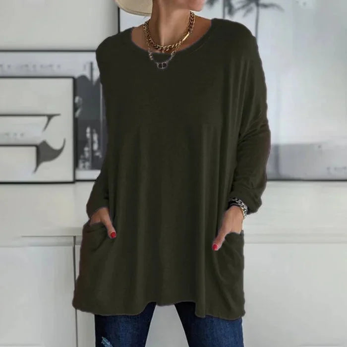 Women's oversized long sleeve tunic top with round neck and pockets