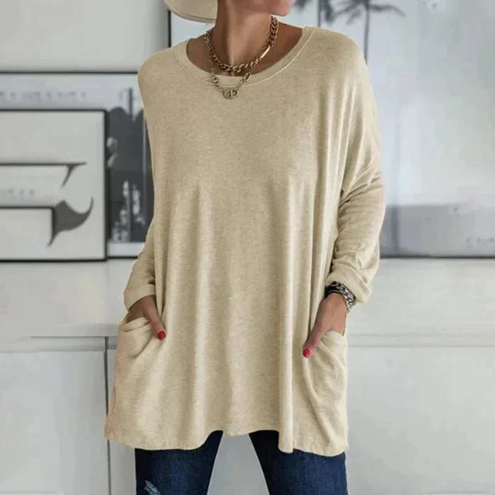 Women's oversized long sleeve tunic top with round neck and pockets