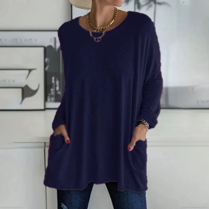 Women's oversized long sleeve tunic top with round neck and pockets