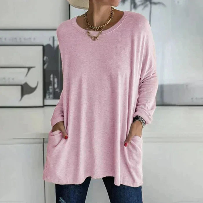 Women's oversized long sleeve tunic top with round neck and pockets