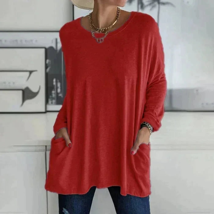 Women's oversized long sleeve tunic top with round neck and pockets