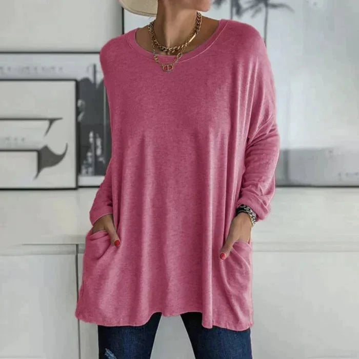Women's oversized long sleeve tunic top with round neck and pockets