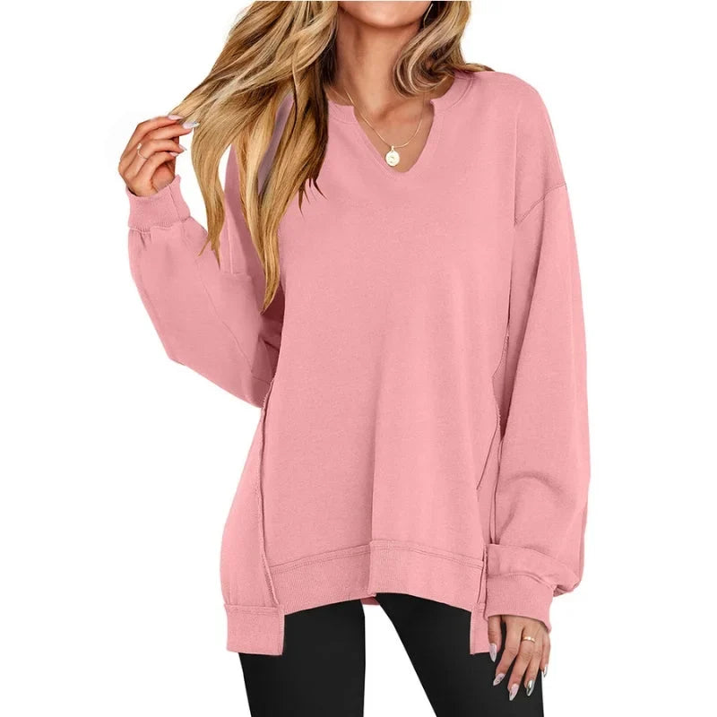 Women's oversized V-neck sweatshirt tee shirt tunic with long sleeves