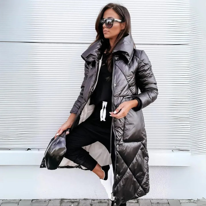Women's padded long puffer coat with quilted design and stand-up collar