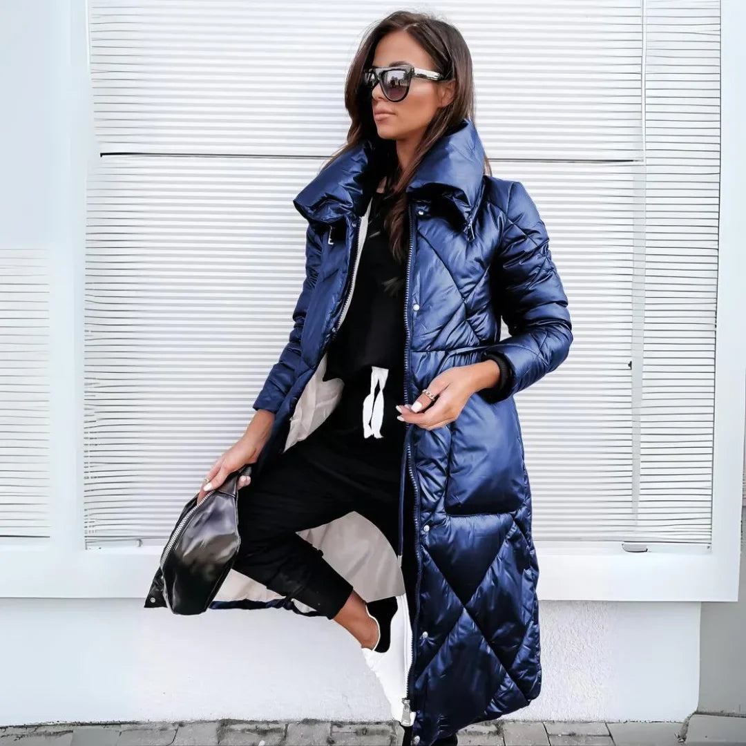 Women's padded long puffer coat with quilted design and stand-up collar