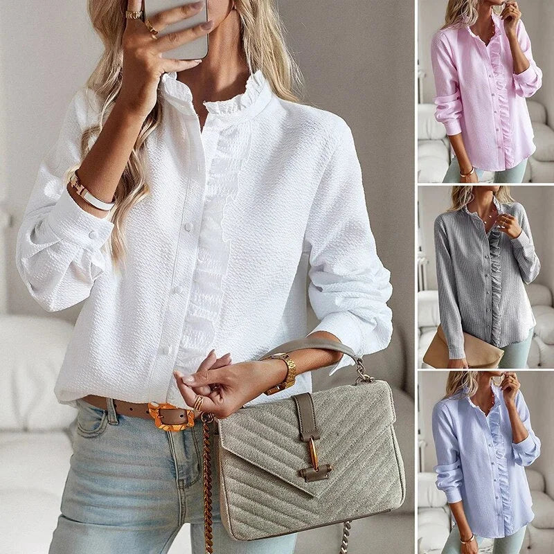 Women's pale blue textured striped blouse with long sleeves and ruffled stand-collar