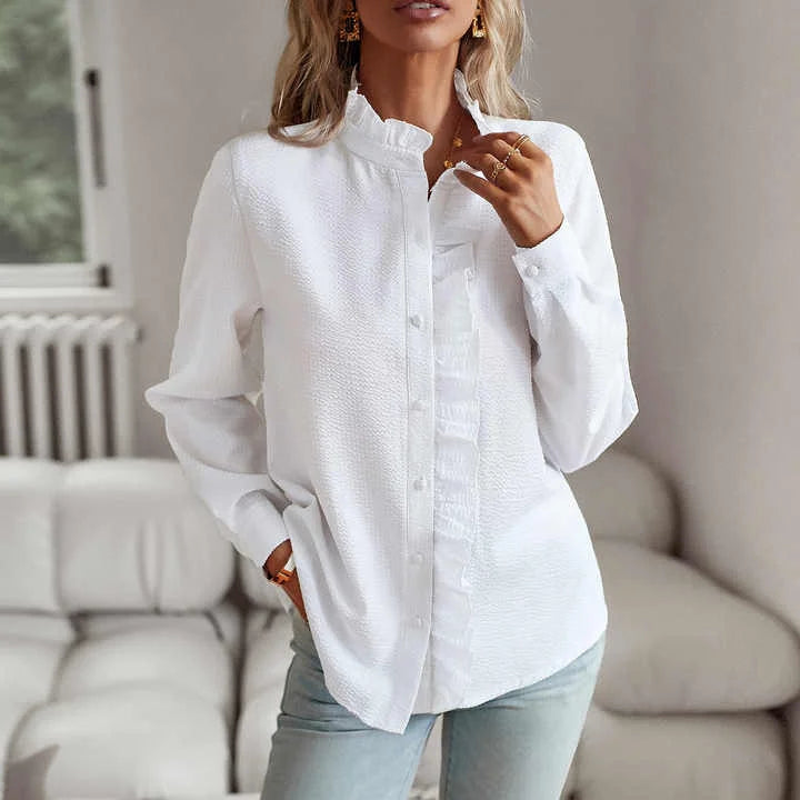 Women's pale blue textured striped blouse with long sleeves and ruffled stand-collar