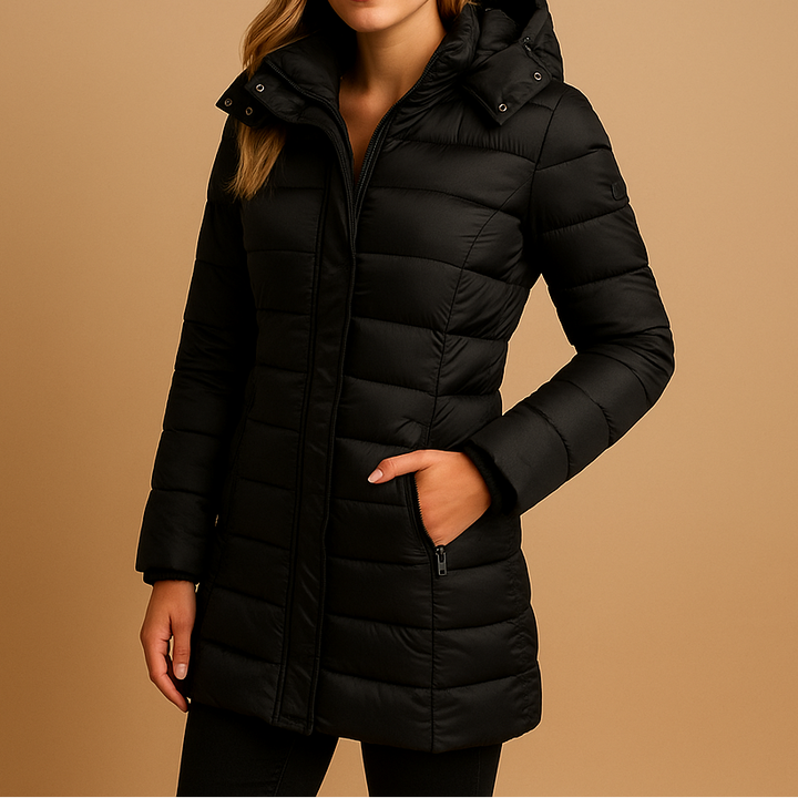 Kacob | Women's Quilted Hooded Puffer Jacket – Slim Fit Mid Length Padded Coat with Zip Pockets