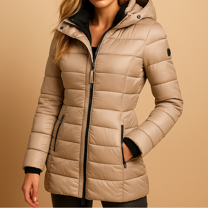 Kacob | Women's Quilted Hooded Puffer Jacket – Slim Fit Mid Length Padded Coat with Zip Pockets