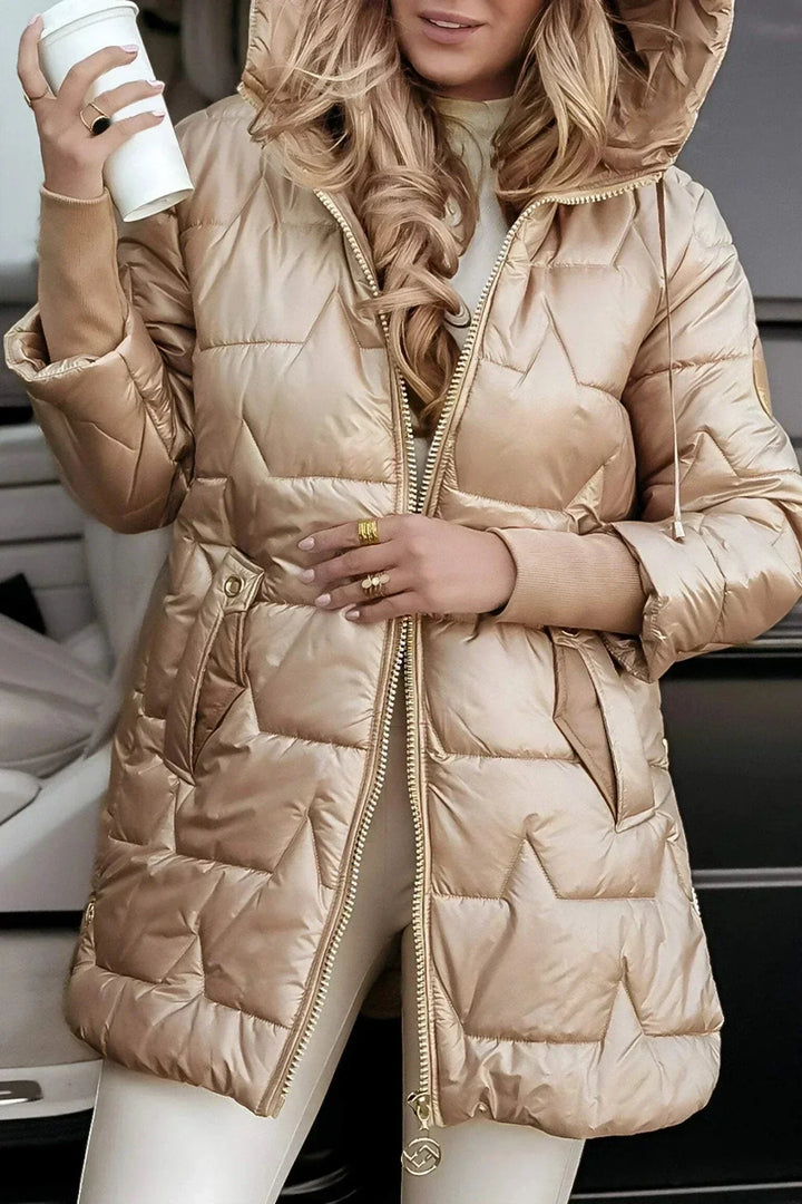 Women's quilted metallic hooded puffer jacket with full zip closure