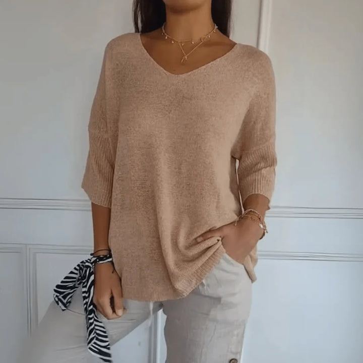 Women's relaxed-fit lightweight knit top with V-neck and 3/4-sleeves