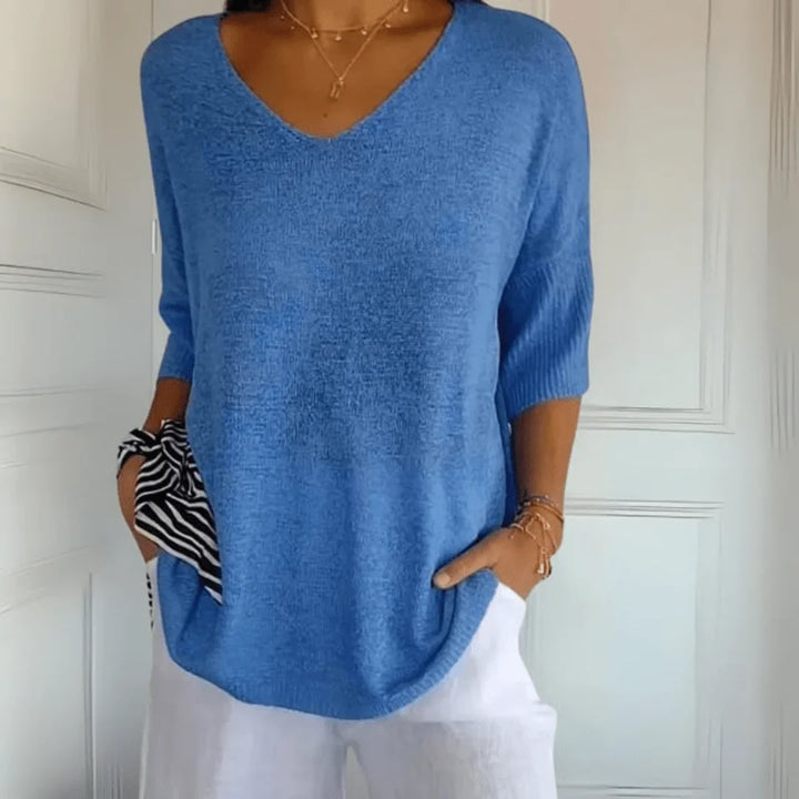 Women's relaxed-fit lightweight knit top with V-neck and 3/4-sleeves