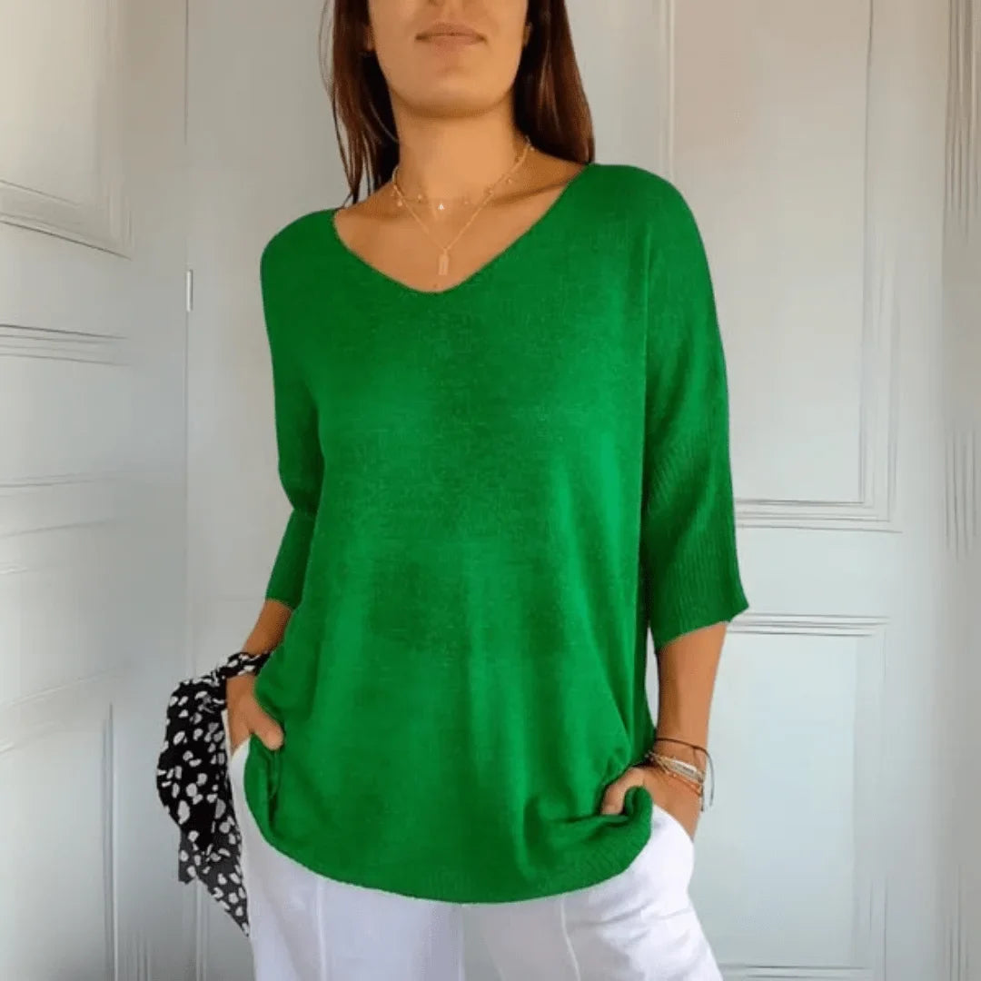Women's relaxed-fit lightweight knit top with V-neck and 3/4-sleeves