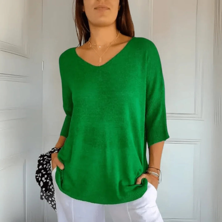 Women's relaxed-fit lightweight knit top with V-neck and 3/4-sleeves