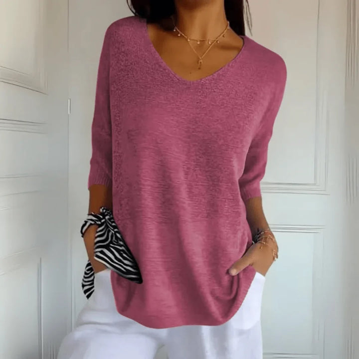 Women's relaxed-fit lightweight knit top with V-neck and 3/4-sleeves